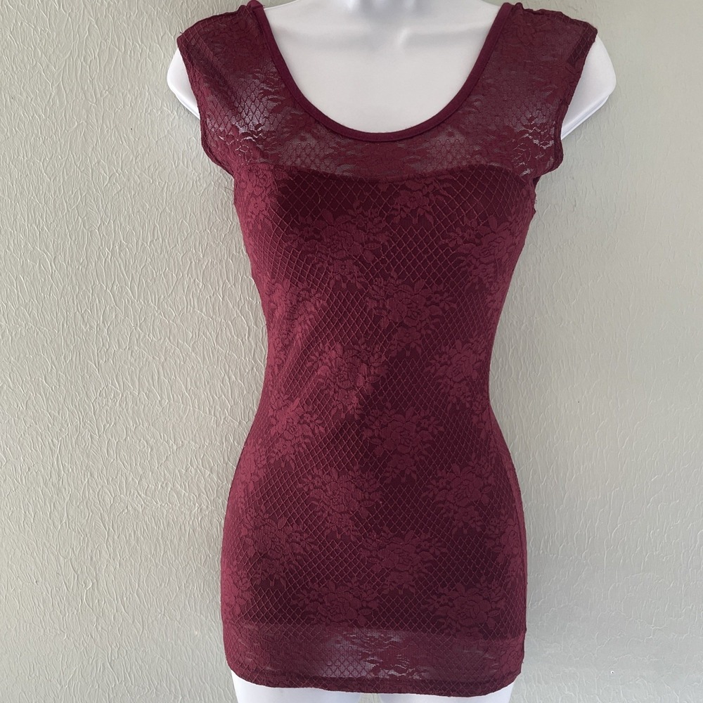 Vintage Y2K Mesh Lace Floral Burgandy Red Fitted Top Long Sheer Vamp Goth Small - Picture 4 of 9